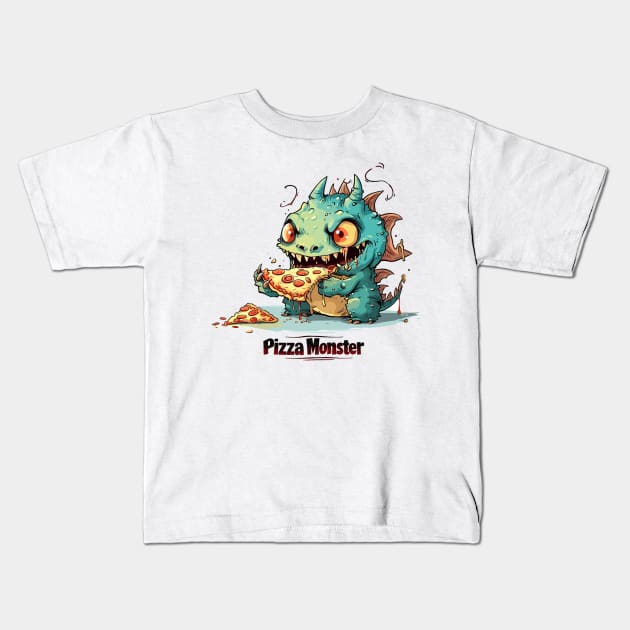 Cute Pizza Eating Monster Kids T-Shirt by Obotan Mmienu